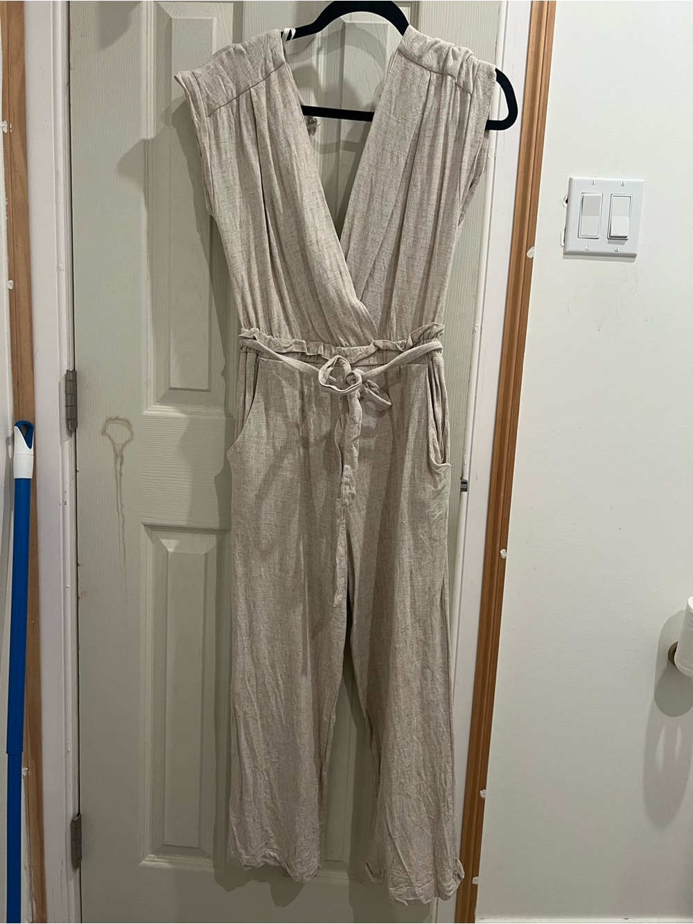 Monteau Sleeveless V-Neck Wide-Leg Jumpsuit in Natural Beige